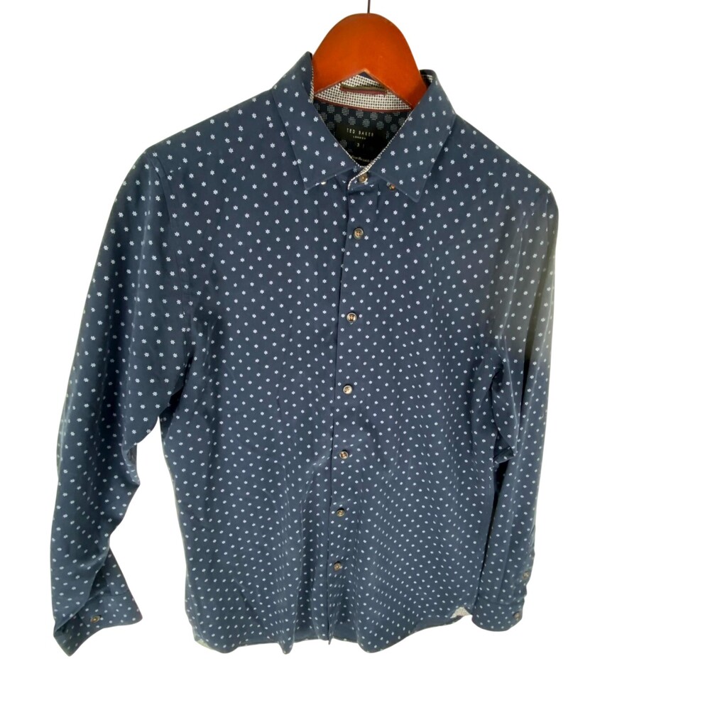 Ted Baker Dress Shirt Men 3 Blue White Floral Modal Pleated Long Sleeve Business